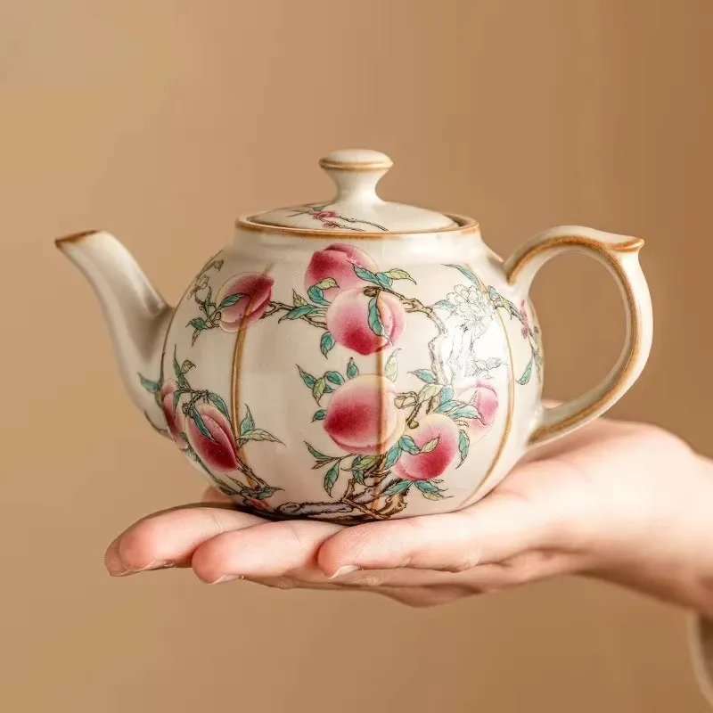 220ml High End Ru Kiln Teapot Japanese Pink Longevity Peach Peach Pot Tea Maker Kettle  Ceremony Accessories