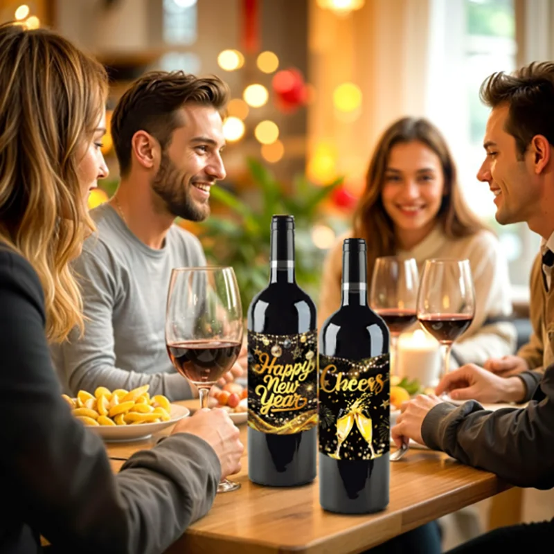 9Pcs Happy New Year Wine Bottle Labels Stickers 2027 New Year Eve Party Decor Black Gold Wine Bottle Wrap Sticker Party Supplies