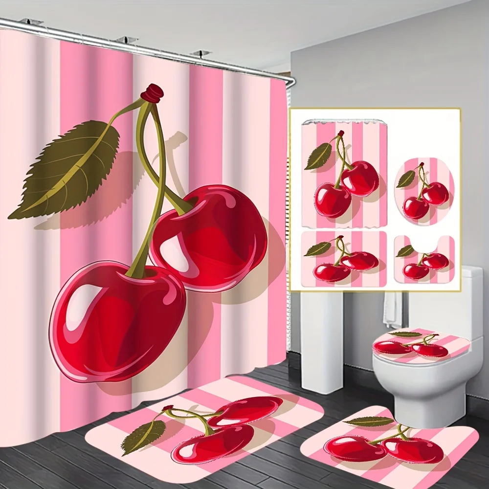 Charming Cherry Bathroom Four-Piece Set - Featuring a Delightful Design with Vibrant Red Cherries on a Pink Striped Background
