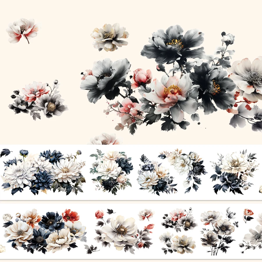 2M/rol pita hias gaya tinta pita hewan peliharaan bunga hitam dan putih untuk alat tulis jurnal perencana buku tempel pembuatan kartu