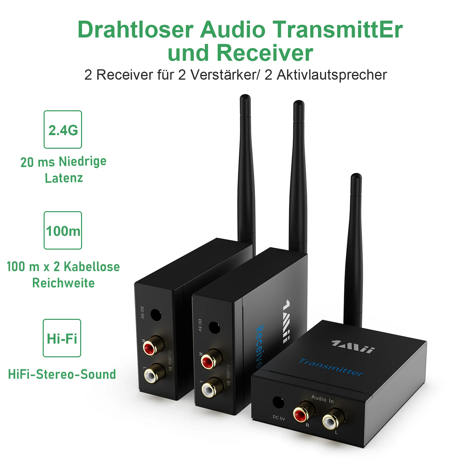 1Mii 2.4G Wireless Audio Transmitter and Receiver 100m Long Distance No Delay 192K/24bit HiFi 1 TX + 2 RX Set for TV/Speaker/Amp