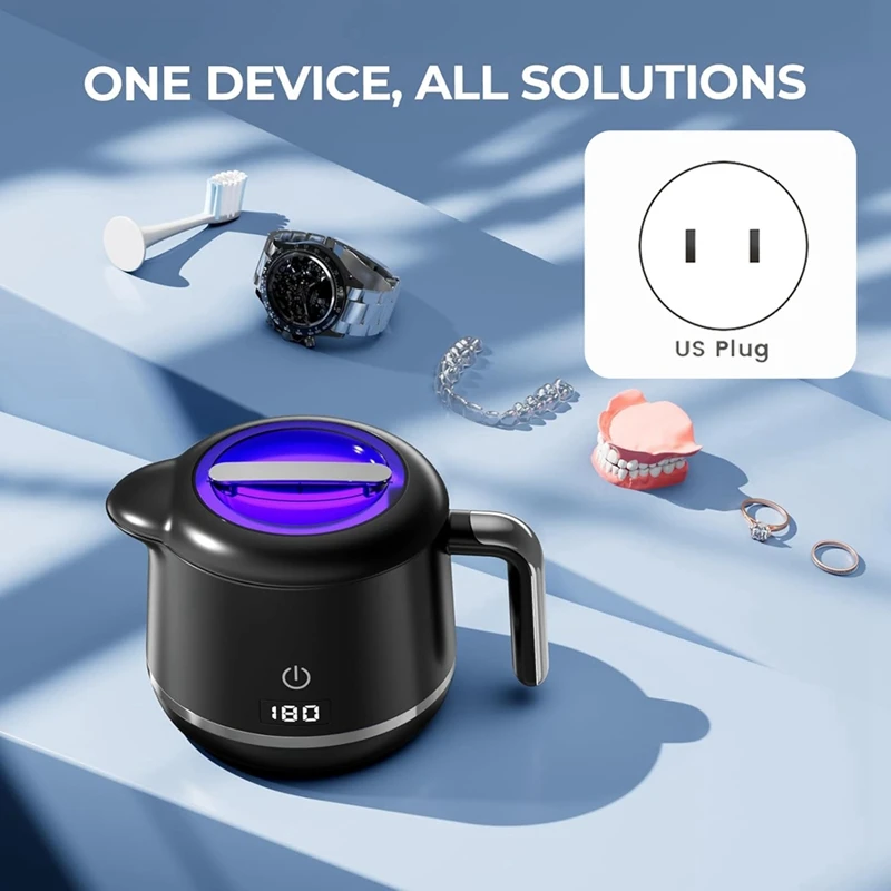 Ultrasonic Retainer Cleaner Machine- 45kHz Ultrasonic Jewelry Cleaner - 180ML Mouth Guard & Denture Cleaner Pod Black US-ABFB