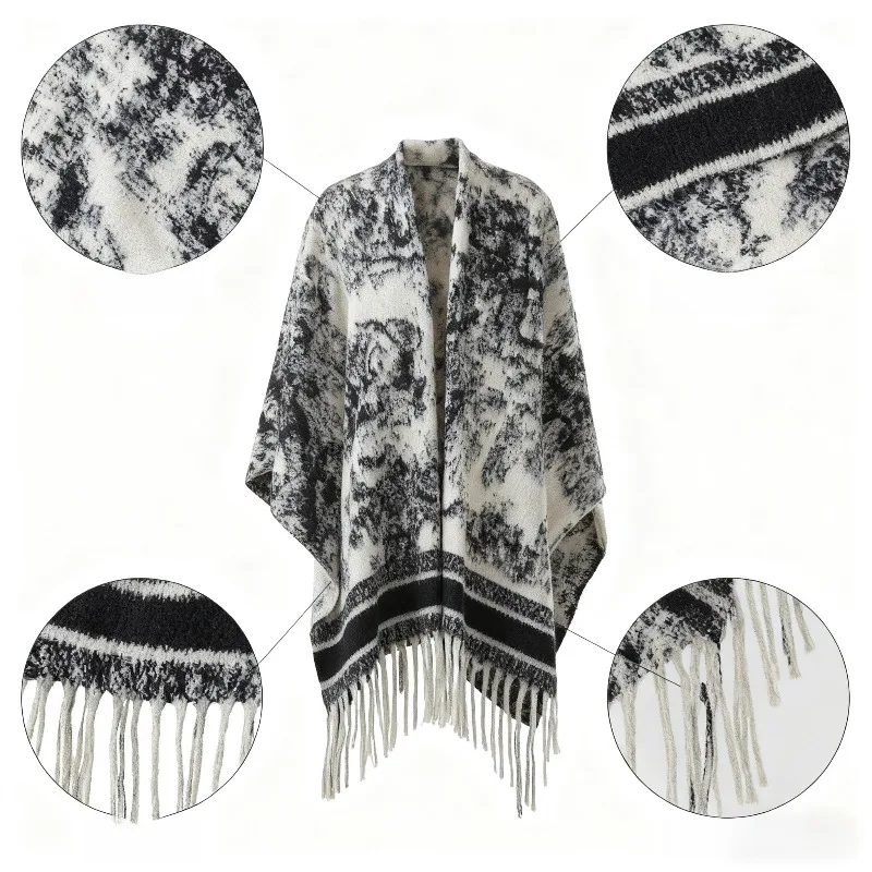 

Женское пончо с бахромой и рисунком тай-дай - вязаная шаль большого размера, зимняя модная теплая повседневная верхняя одежда для женщин