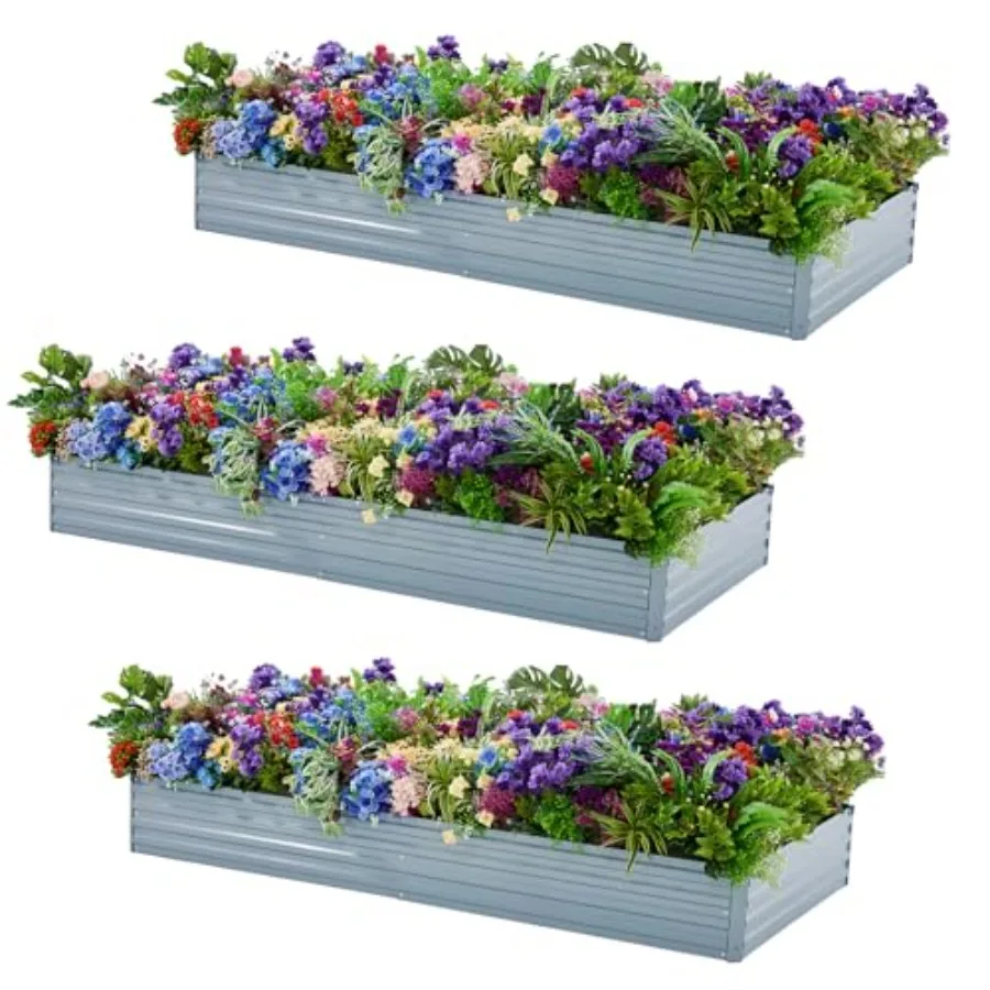 3 Pack 6x3x1FT Galvanized Raised Garden Beds Kit Outdoor Metal Gardening Planter Box for Vegetable Elevated Flower Herbs Gray