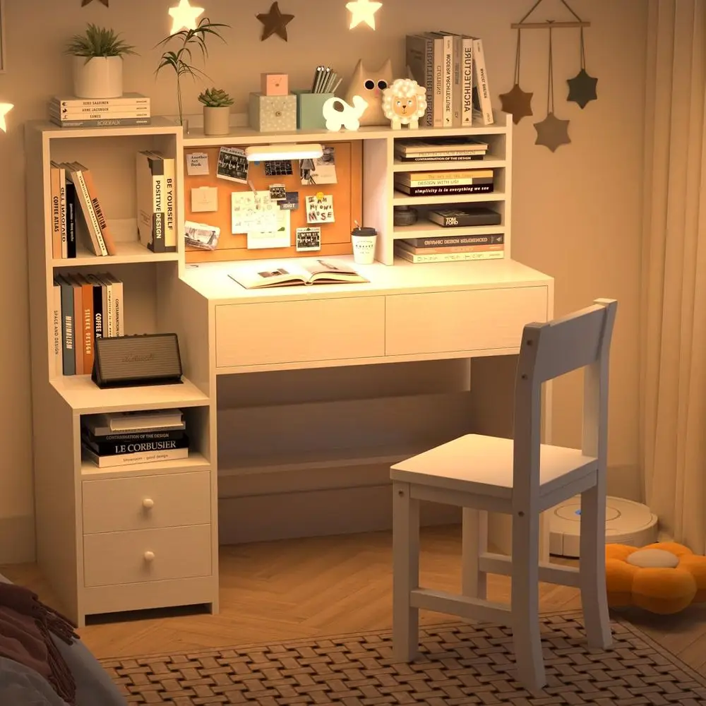 

Ivory White Kids Study Desk and Chair Set with Lighting, Drawers, and Shelves for Boys and Girls