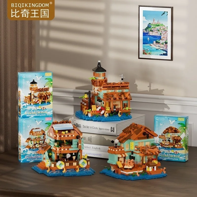 

Mini Fishing Village Building Block Log Cabin Street View Assembled Brick Miniature Landscape Model Toys For Kids Christmas Gift