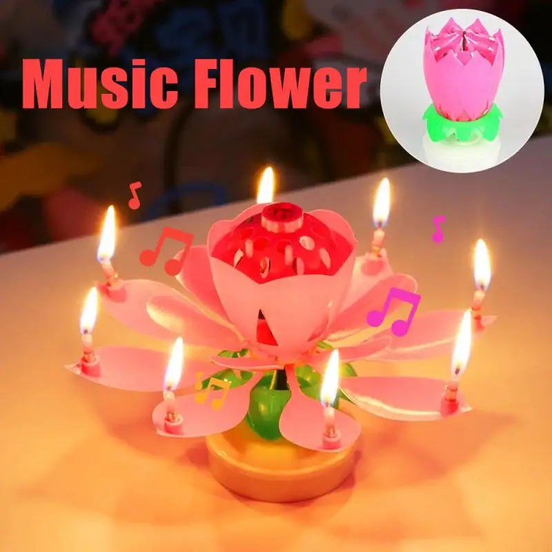 Birthday Cake Music Candle DIY Decor Wedding Party Birthday Cake Rotating Lotus Flower Music Candle Electronic Decorations