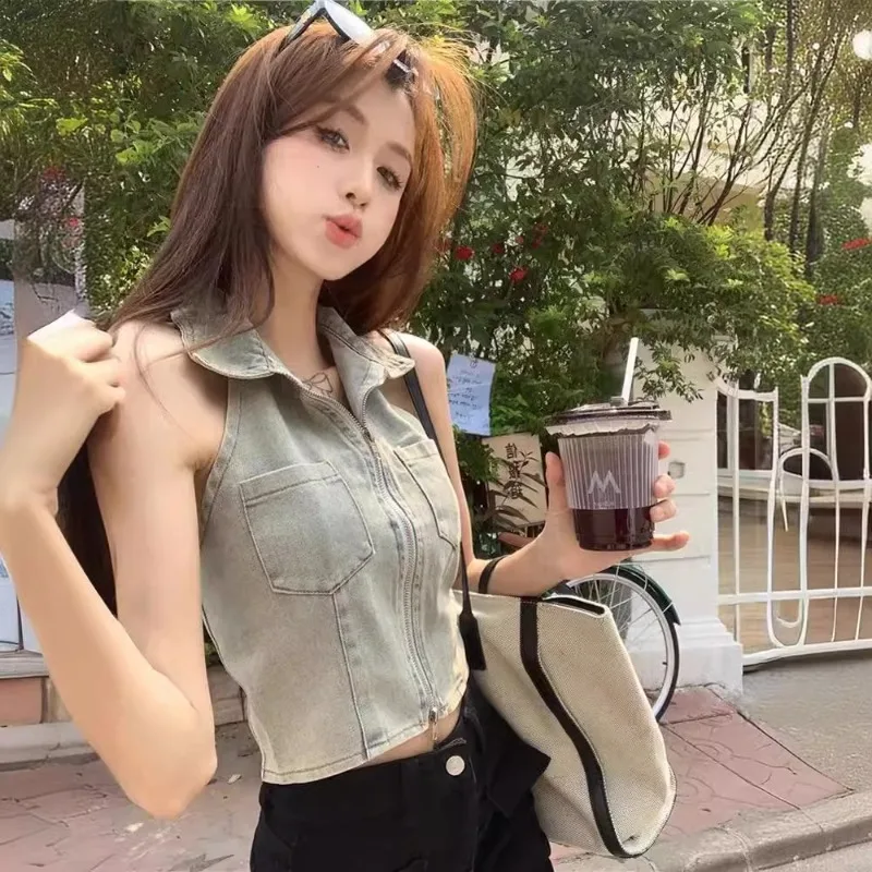 สาวร้อน Halter แขนกุดอเมริกัน Retro ล้าง DENIM เสื้อกั๊กผู้หญิงสวมใส่ด้านนอกฤดูร้อน Clever Backless สั้น