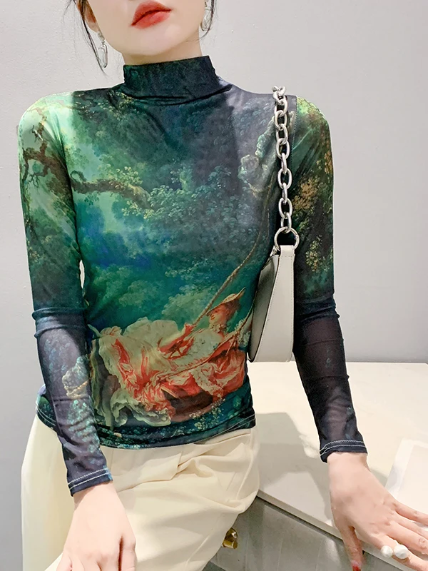 Bedrucktes Me Base irt Damen Long Sve High Collar Herbst Winter Faionable Inner Wear T-Shirt Street Sle Slim Fit Top