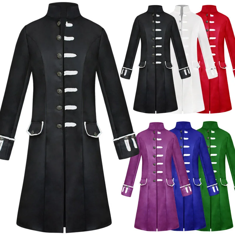 Men Gothic Trench Medieval Steampunk Retro Coat Double-breasted Trim Solid Men's Lapel Coats Vintage Long Trench