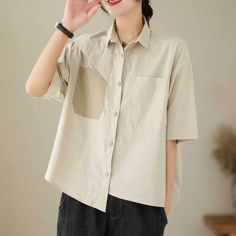 

2023 New Summer Fashionable and Westernized Retro Artistic Lapel Patchwork Casual Loose and Unique Niche Women's Versatile Shirt