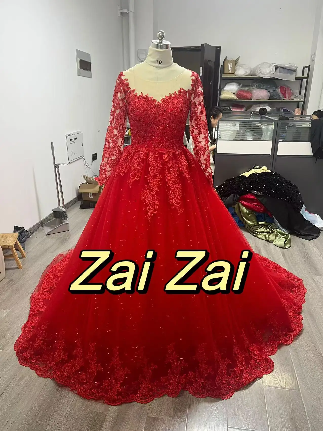 

Zaizai Long Sleeve Bridal Dress Lace Red Wedding Dresses Beading Sparkly Tulle Dubai Gorgeous 2025 Vestido De Novia Customized