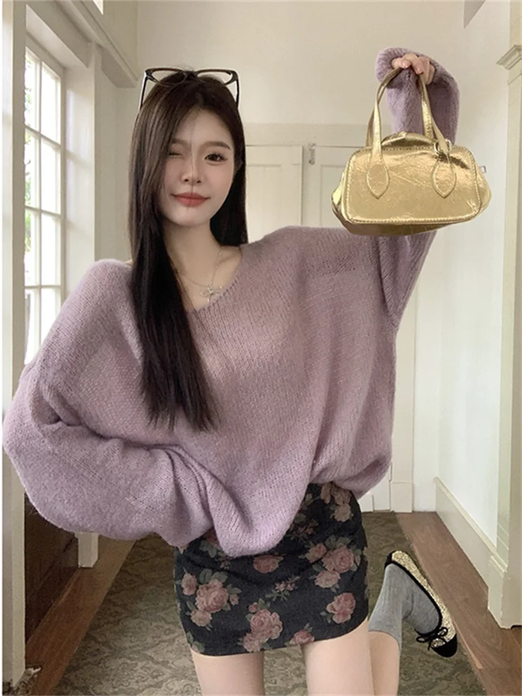 

Потрясающий вязаный комплект Aosphere: женский фиолетовый свитер с цветочным узором и юбка, повседневный костюм из двух предметов с длинными рукавами и круглым вырезом