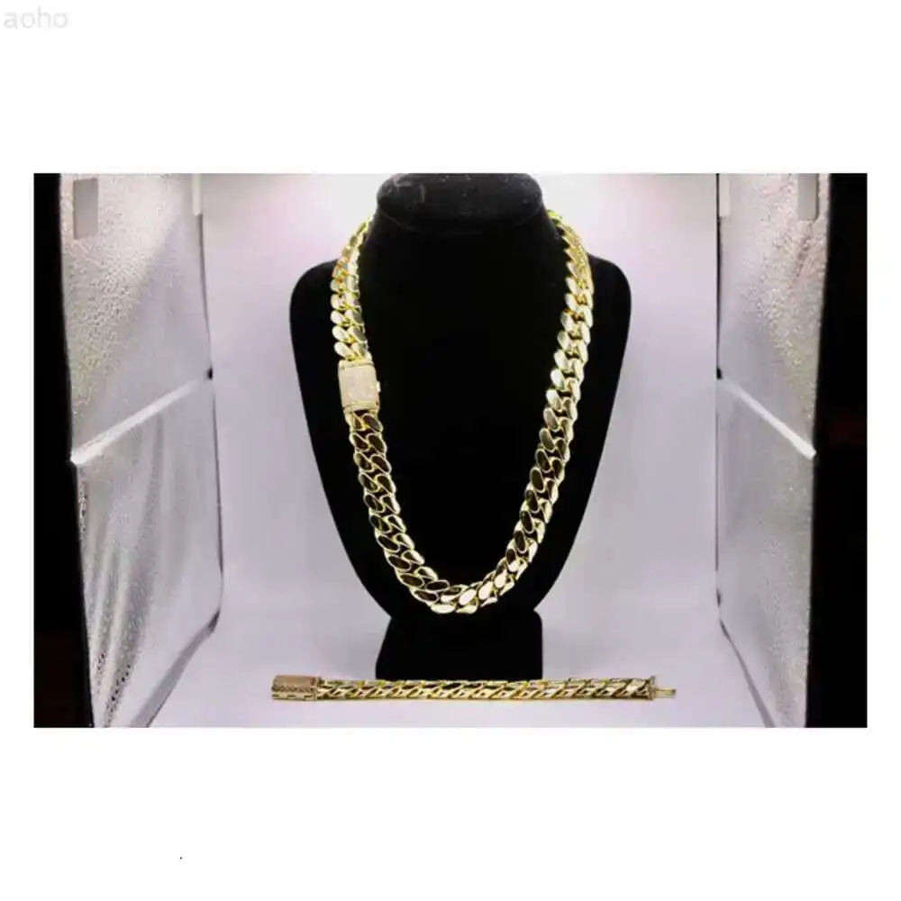 

Cuban Link + Cuban Bracelet 18mm Combo Cz Stones Gold Plated 5 Times Stainless Steel Heavy Chain--gold Plated 18k Real Gold