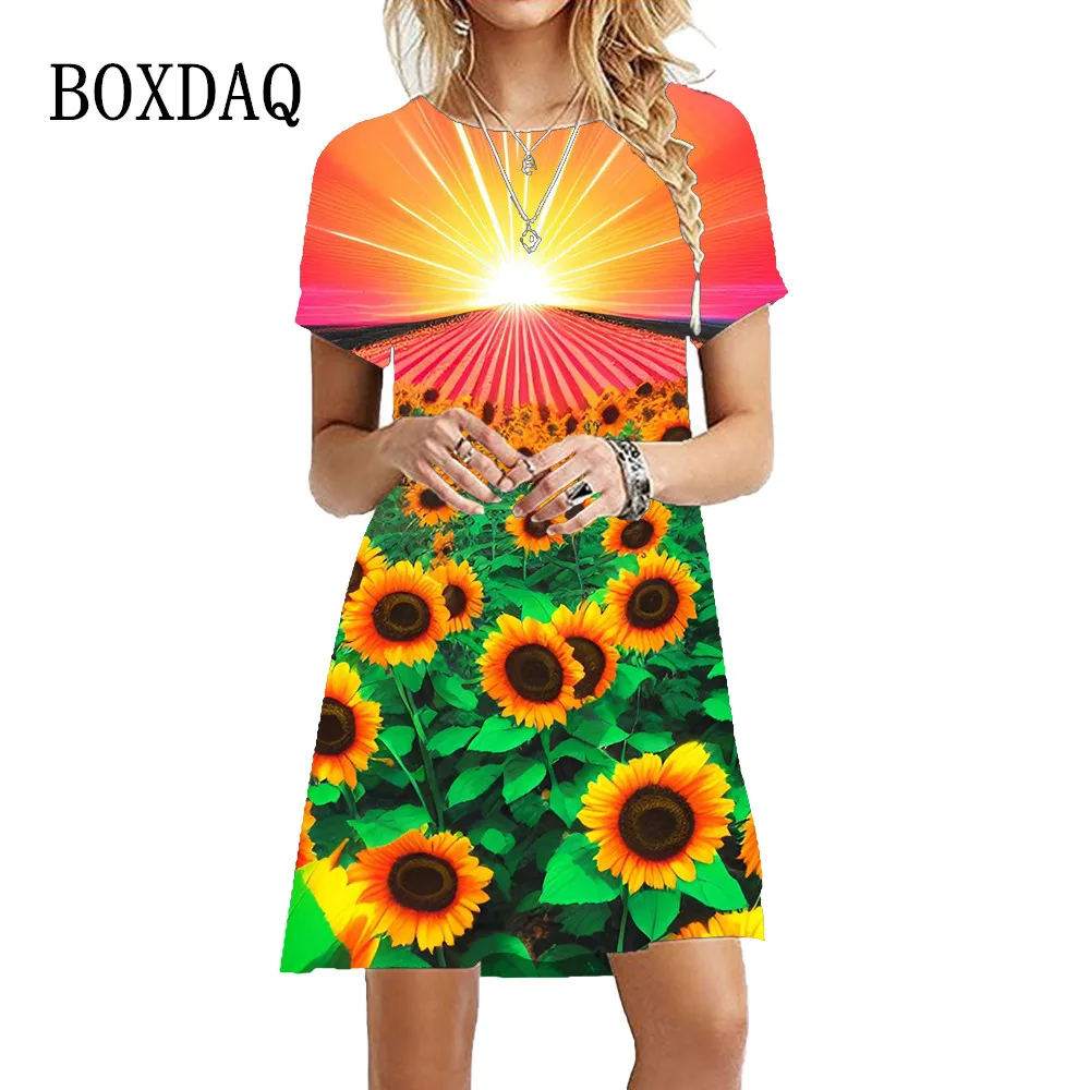 2023 Summer Plant Flowers Sunflower Women Dress Scenery Short Sleeve Sundress 3D Printed Ladies Dress Fashion Oversized Clothing