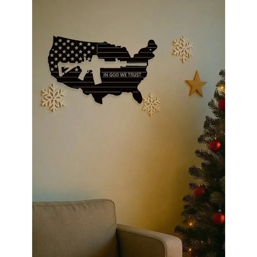 CIFBUY Patriotic Vintage Metal Wall Art Retro American Flag Submachine Gun Design Unique Patriotic Decor