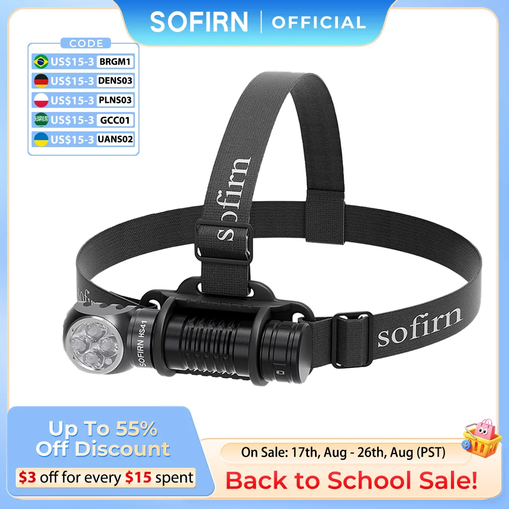 Latarka czołowa Sofirn HS41 6500k SST20 LED 21700 USB C z możliwością ładowania o mocy 4000 lm i wskaźnikiem latarki z magnesem na ogonie