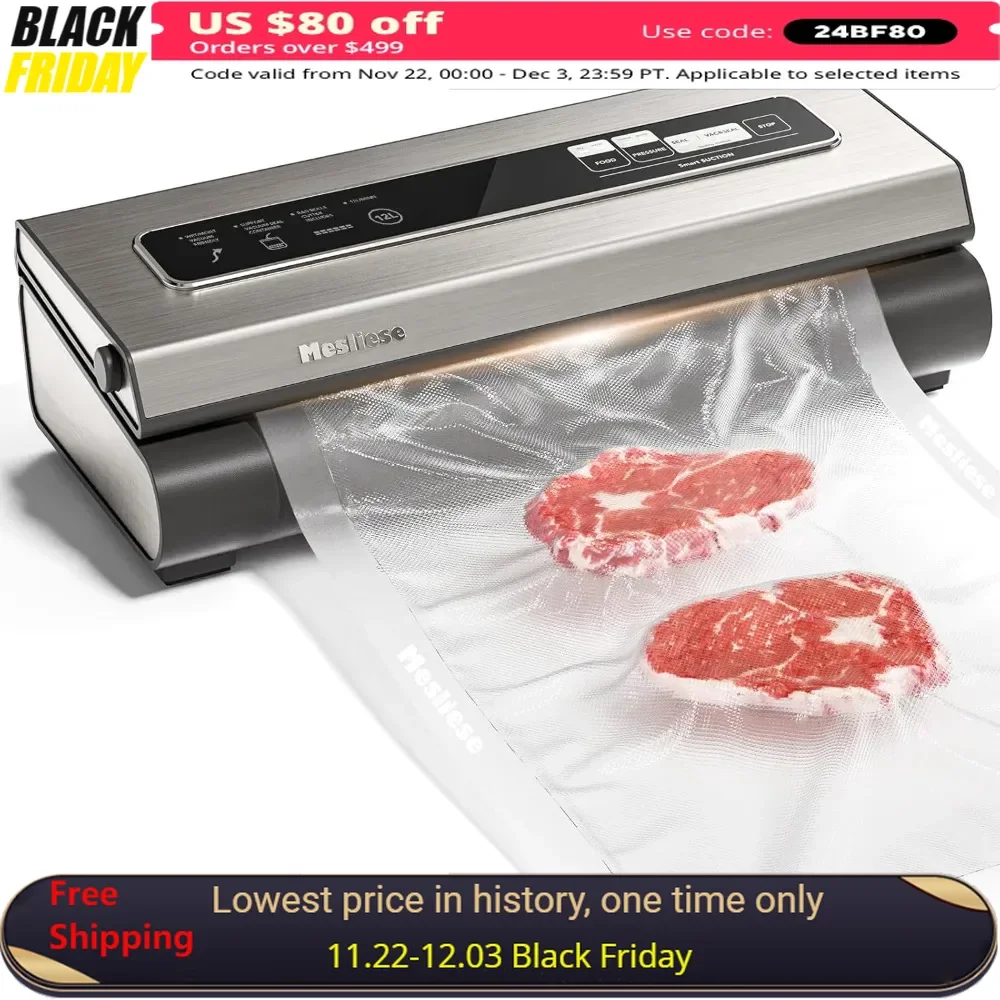 

Vacuum Sealer, 90Kpa Precision 6-in-1 Compact Food Preservation System, 2 Bag Rolls & 5 Pre-cut Bag Widened, Vacuum Food Sealers