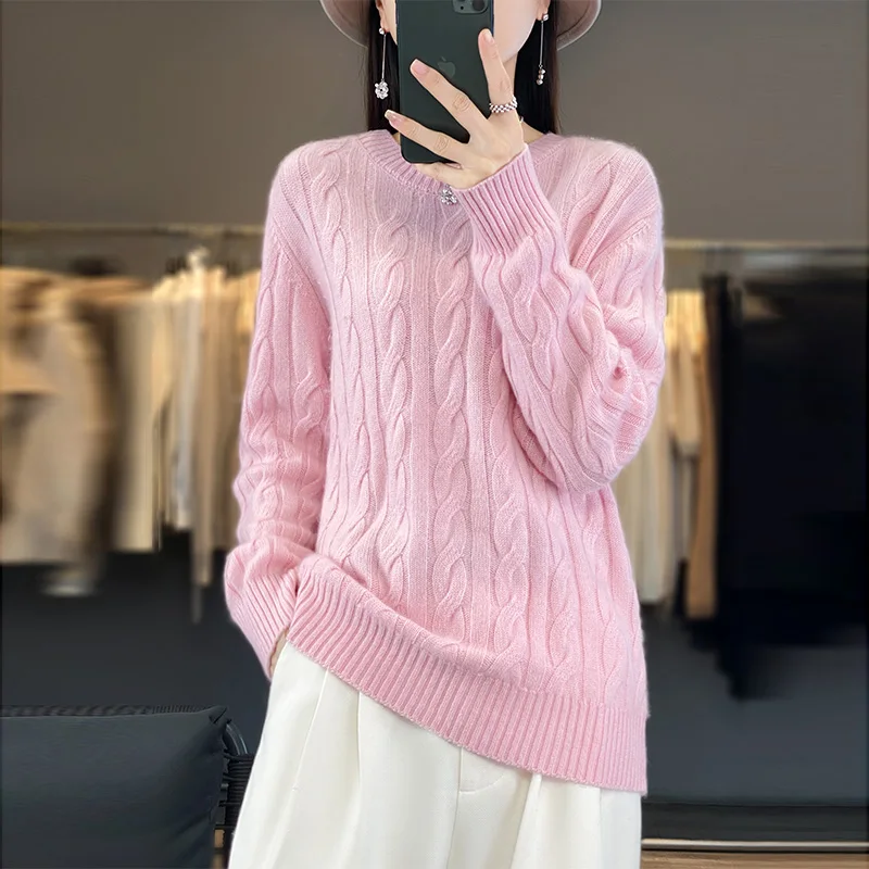 Autumn/Winter 23 New Round Neck Fried Dough Twists Pullover Pure Woolen Sweater Women's Casual Loose Thickened Sweater