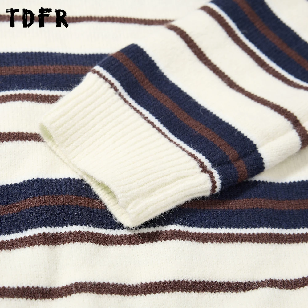 대비 패널 스트라이프 스웨터 남성 레트로 가을 겨울 캐주얼 루즈 긴 소매 옷깃 니트 풀오버 남자