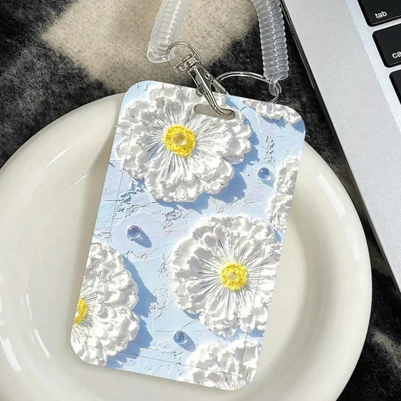 Blue White Flowers Card Holder with Lanyard Suitable for Bank Identity ID Card Sleeve Case Student Campus Lanyard Cards Holder