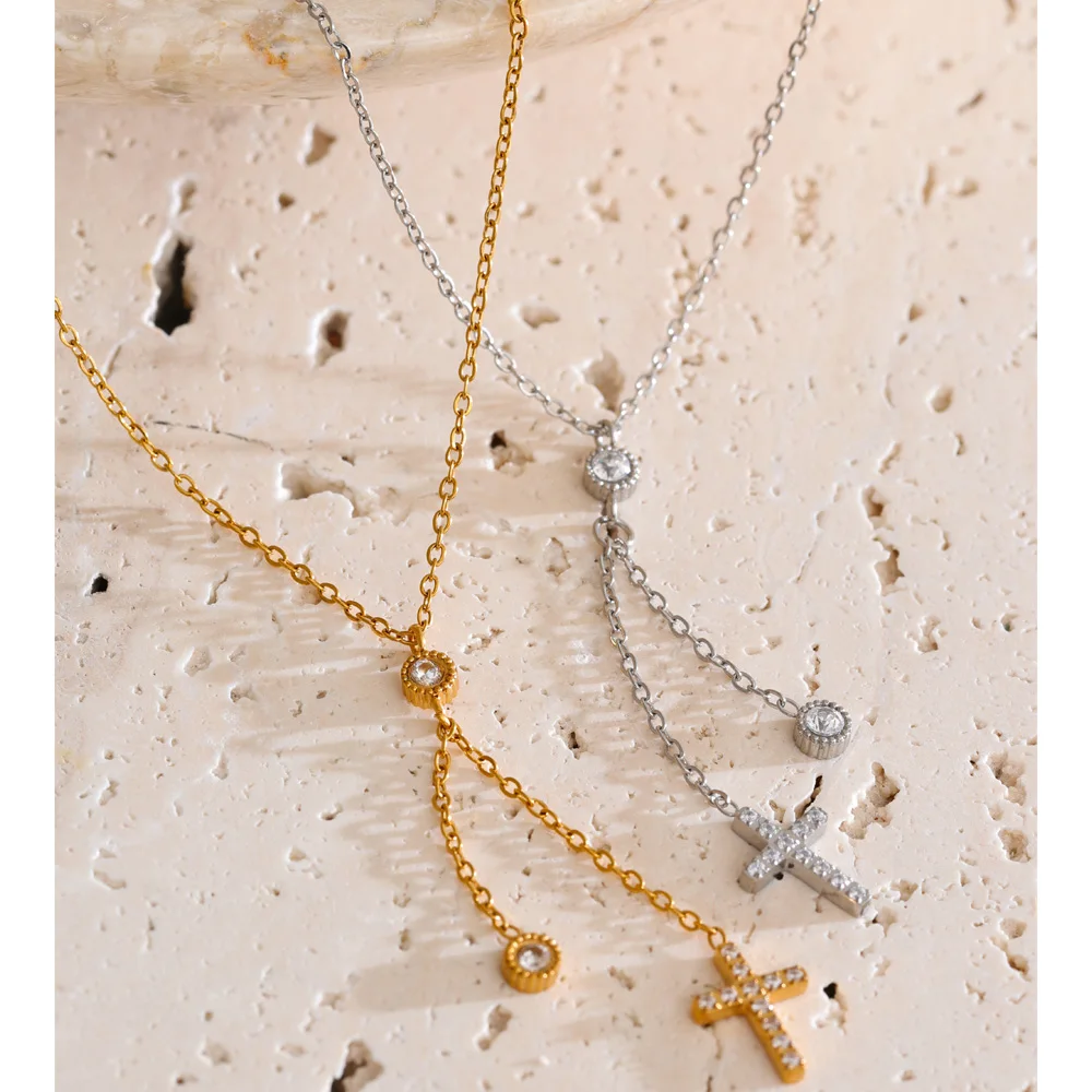 Yhpup CNC Cubic Zirconia Cross Extend Chain Drop Necklace High Quality Stainless Steel Fashion Chic Waterproof Jewelry Gift