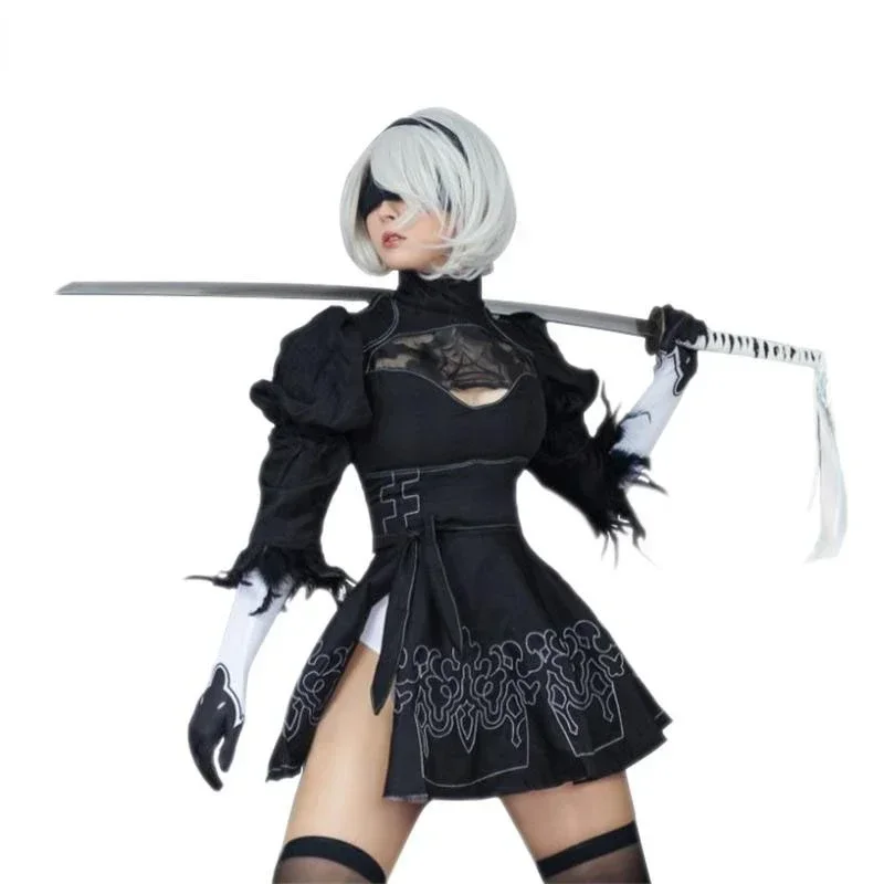 Nier Automaten Yorha 2B Cosplay Pak Anime Vrouwen Outfit Vermomming Kostuum Set Fancy Halloween Meisjes Party Zwarte Jurk