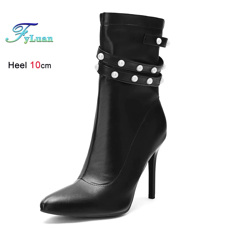 

Новые элегантные ботильоны с жемчужным декором на тонком каблуке, осенне-зимние черные туфли для женщин, с острым носком, на шпильке 10 см, короткие ботильоны Mujer