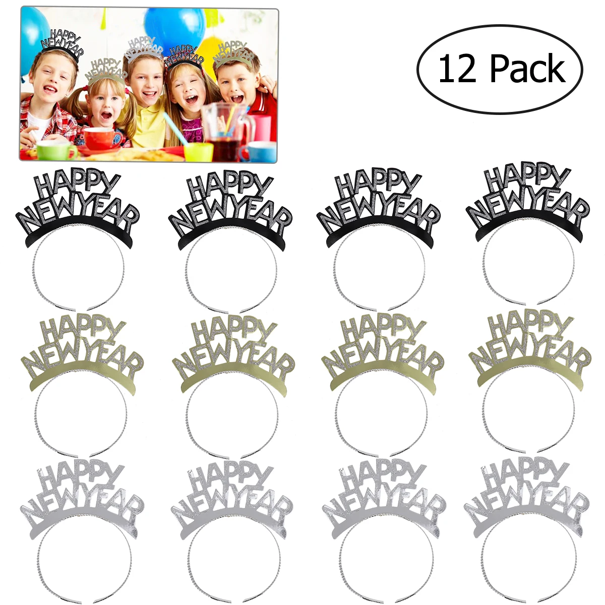 

12pcs Aluminum Foil Headbands Happy New Year Tiara Decorations Lightweight Sparkling Gold Women Kids Adults Hair Hoops Festive
