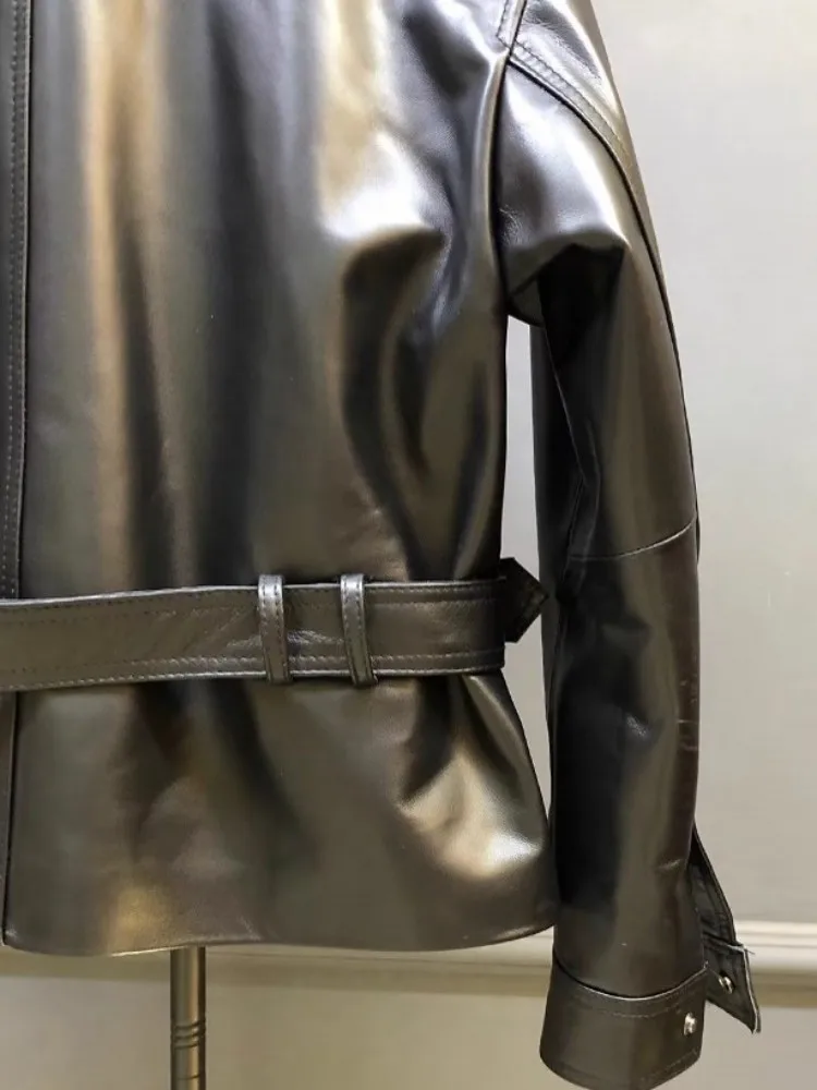 Giacca da ufficio in vera pelle da donna stile britannico monopetto con telai punk giacca a vento corta nuovo cappotto di pelle di pecora nera da donna