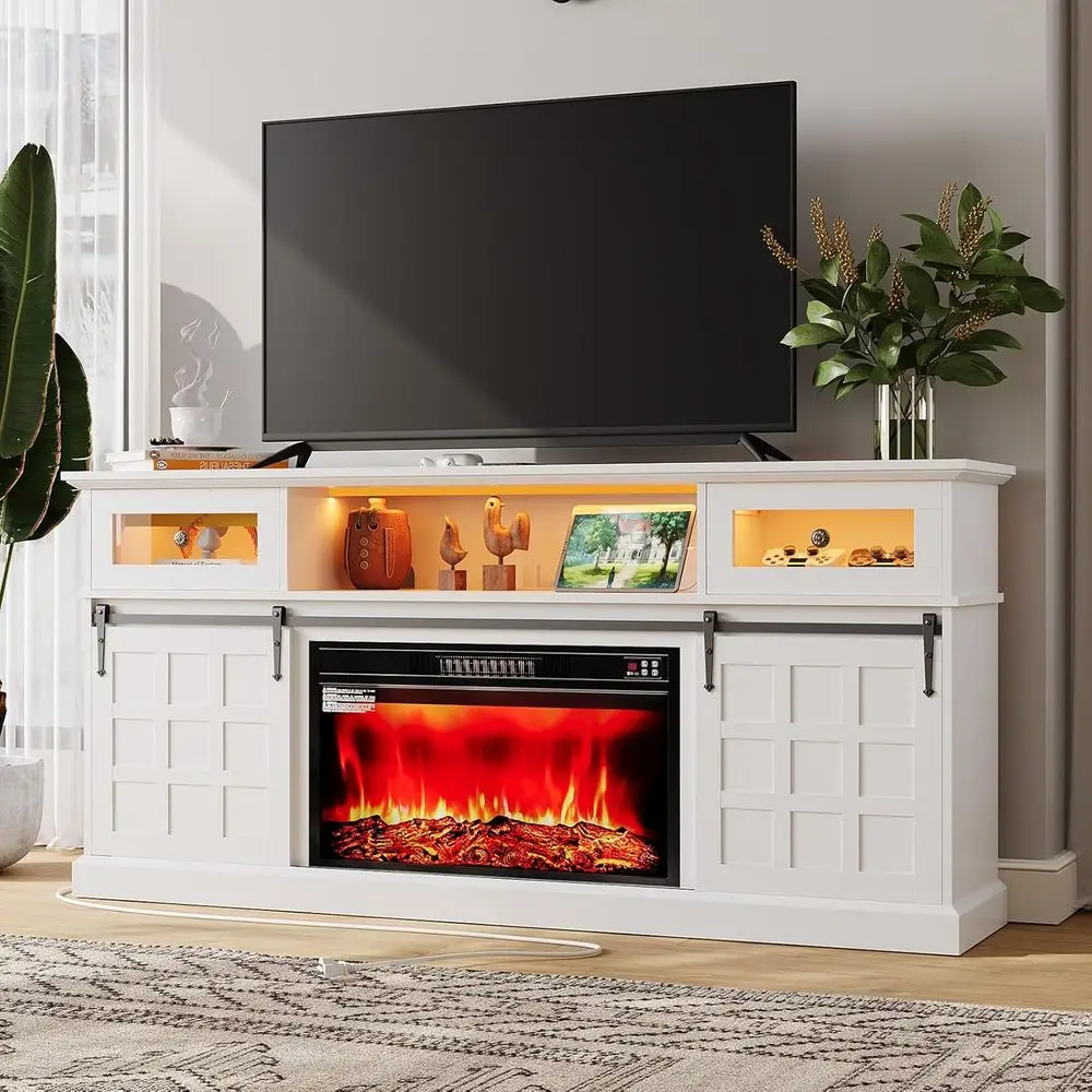 70 مركز ترفيه أبيض ريفي مع أضواء LED ومنافذ طاقة وباب منزلق لـ 80 تلفزيونًا #3