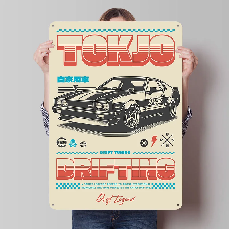 Drifting Car Metal Poster Customized Wall Art Retro Vintage Tinplate Signs for Man Cave Bathroom Decor Setup Decorations Room