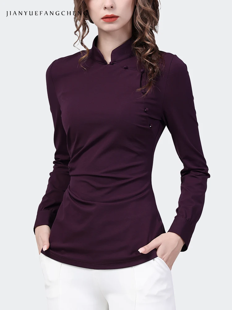 Stretching Skinny Purple Knitted Shirt Women\' 2024 Spring Summer Tops Long Sleeve Mandarin collar Cinched Waist Bottoming Shirts