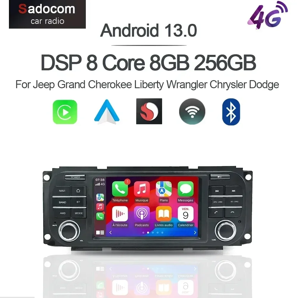 Carplay Android 13 Car Radio Navigation 12+256GB GPS Multimedia Player For Jeep Grand Cherokee Liberty Wrangler Chrysler Dodge