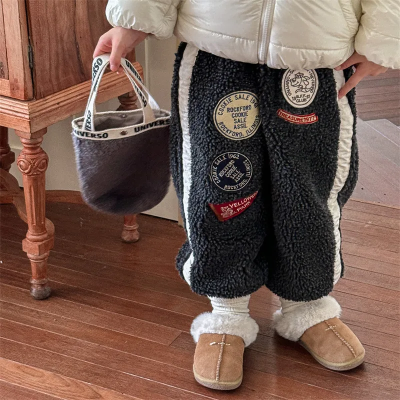 

Winter New Children Lamb Wool Pants Plus Velvet Thick Boys Cotton Padded Trousers Baby Girls Warm Pants Kids Patch Casual Pants