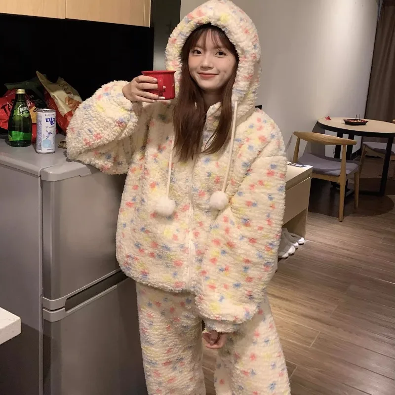 

Пижамный костюм с капюшоном для девочек, зимний красочный комплект в горошек на флисовой подкладке для отдыха, милая домашняя одежда, утепленный фланелевой комплект ночного белья