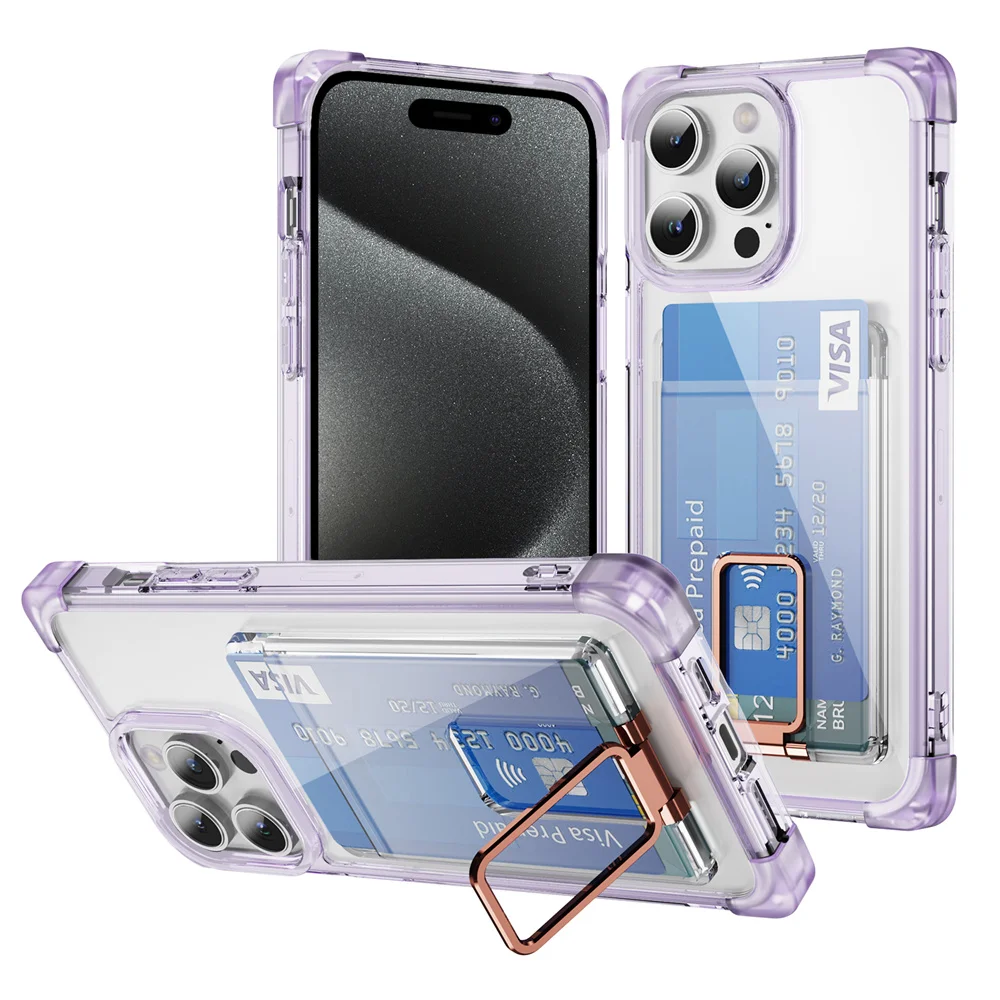 Shockproof Reinforced Corners Card Bag Holder Phone Case For iPhone 11 12 13 14 15 16 Pro Max Folding Stand Clear Wallet Cover