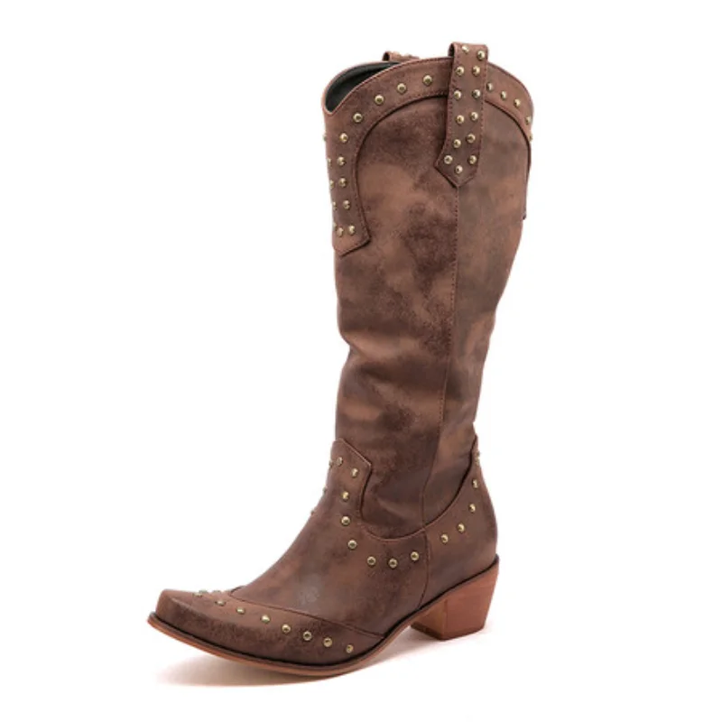2025 Womens Western Boots Mid-Calf Big Size Fall Spring Winter Shoes with Rivets Lady Brown 40 41 42 43