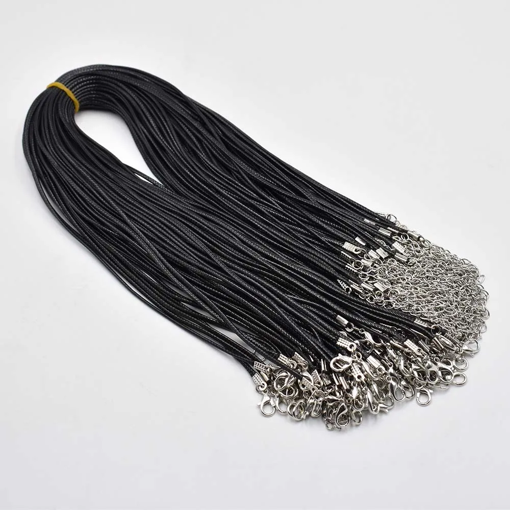 Großhandel 1,5mm 2mm 45cm 60cm Schwarze gemischte Wachslederschnur Halskette Seilkette Karabinerverschluss DIY Schmuckzubehör 100 Stück/Lot – Detail 3