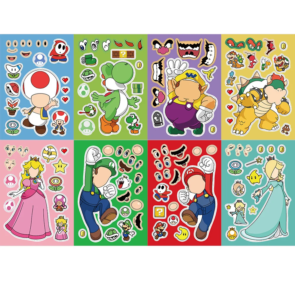 8/16sheets Fun Cartoon Super Mario Children Puzzle Stickers Make a Face DIY Kid Party Game Assemble Jigsaw Decals Toy Decoration