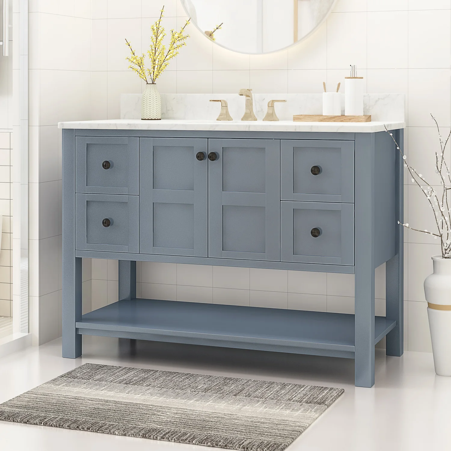 

49'' Bathroom Vanity with Marble Top & Ceramic Sink, Two Doors, 4 Drawers, Open Shelf, Grey