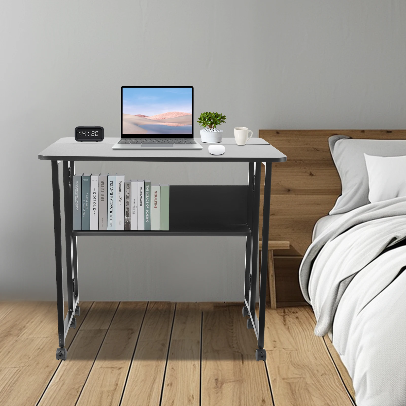 

31.5 inch Folding Small Rolling Table with Storage Shelf, Mobile Computer Desk with Wheels for Office Bedroom Living Room 165lbs