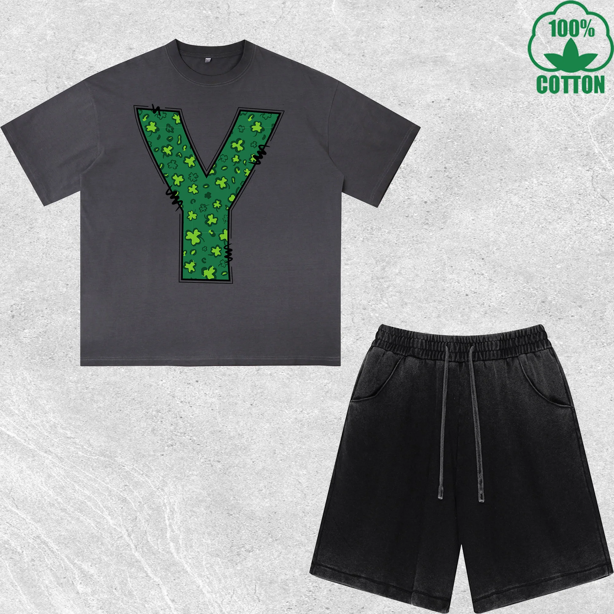 

Luck Letter Y Printed Dirty Wash T-Shirt Shorts Set Multicolor Combo Loose Trendy Fashionable 100%Cotton Short Value Pack