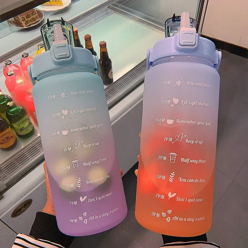 Large 2L Capacity Water Bottle Straw Frosted Plastic Water Cup with Sticker Motivational Time Scale Cups for GYM Outdoor Sports