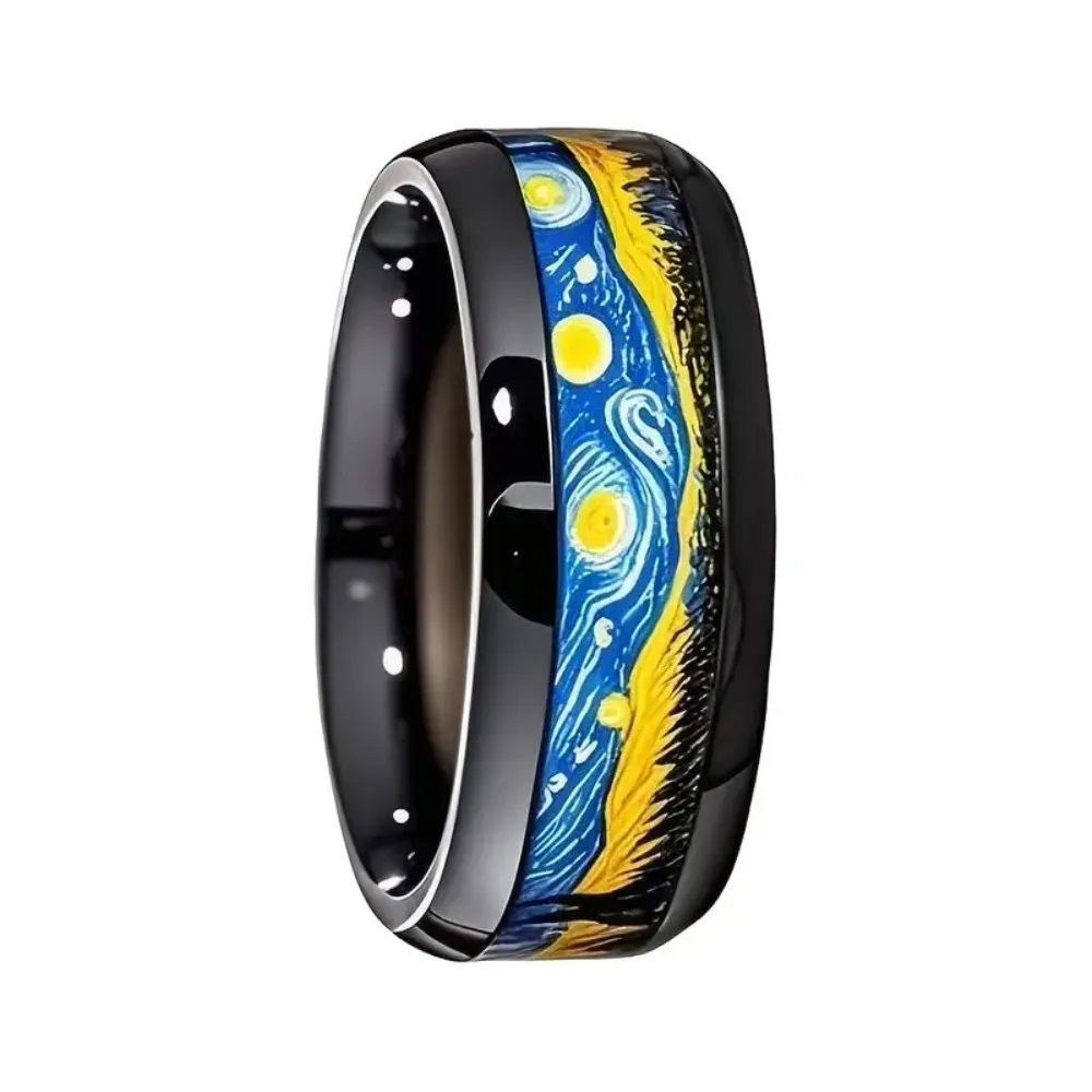 Trendy Creative 8mm Black Spherical Surface Starry Sky Artwork Stainless Steel Rings for Women Men Painter Finger Jewelry Gifts