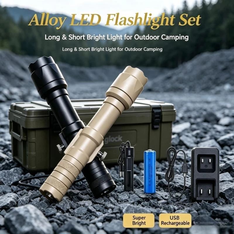 Aluminum LED Torch Set Long&Short, Ultra Bright Strobe & SOS Lighting, USB Charging, Outdoor Hiking & Camping Lamp