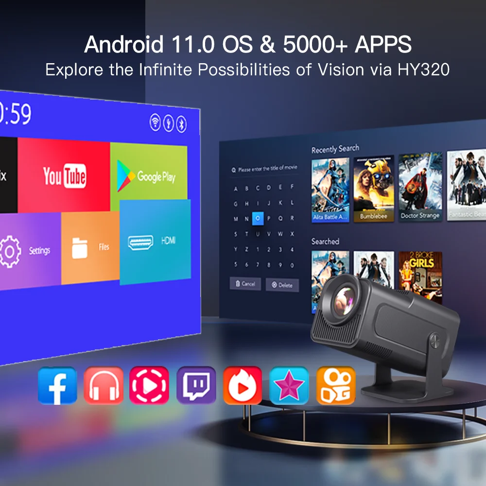 CircCAST-Projecteur HY320 4K, Natif 1080P, Touristes WiFi6, BTpig, 400ANSI, Android 11, Cinéma Extérieur, Maison, Mini Défait ou Mise à Niveau HY300