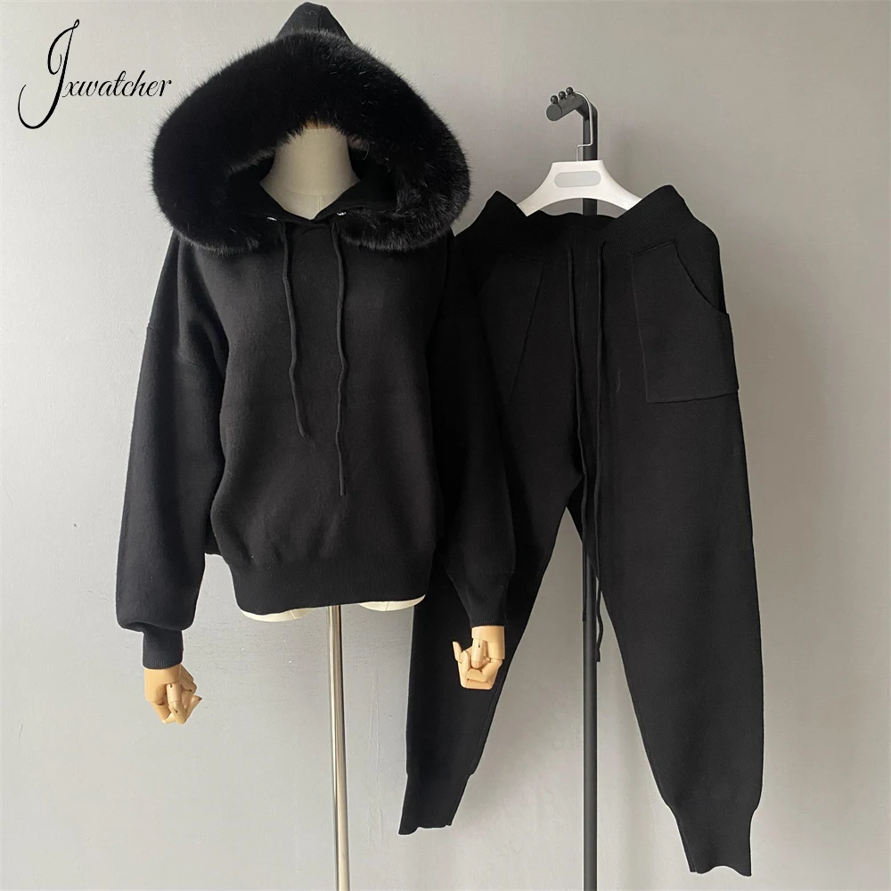 Jxwatcher Sweater wanita, Set dengan kerah bulu palsu musim gugur Pullover bertudung elastis bagus campuran wol sweter hangat musim semi