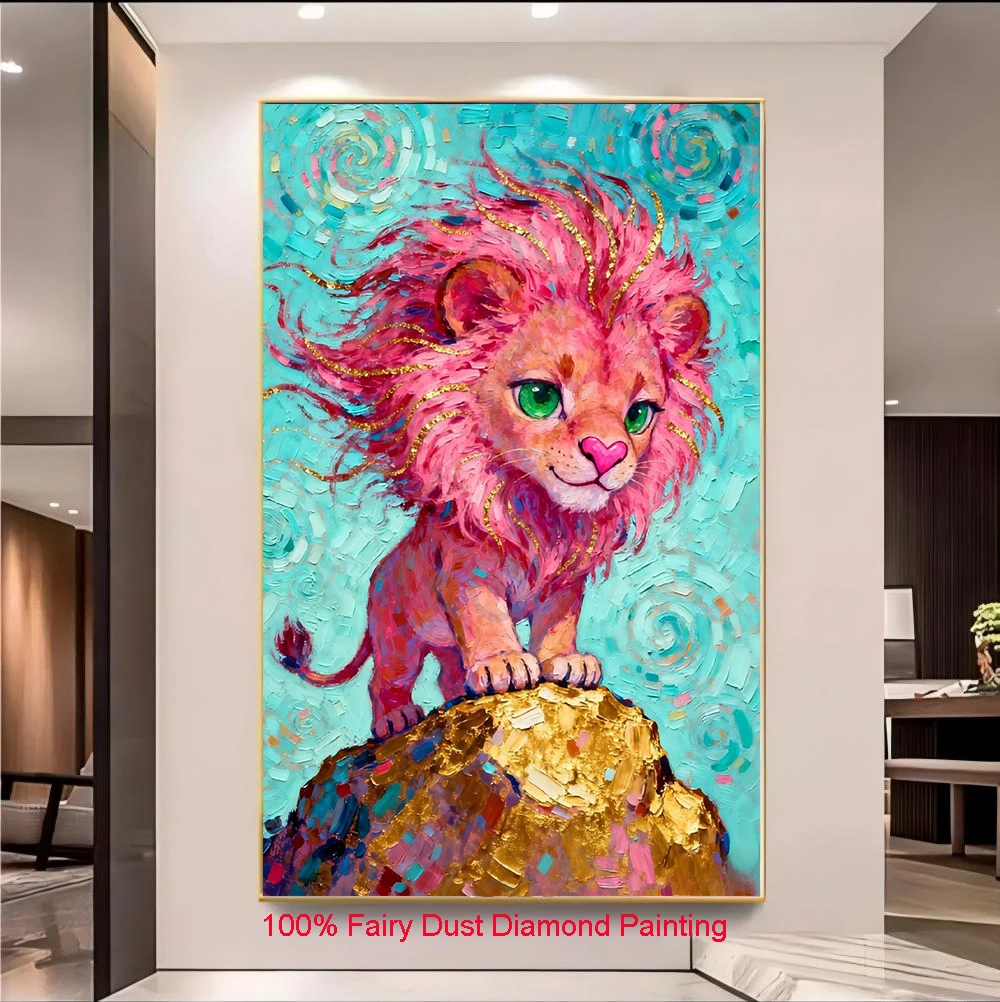 

100% Fairy Dust Diamond Painting Cross Stitch Embroidery Pink Lion Animals Gifts Mosaic Needlework Rhinestons Home Decor Crystal