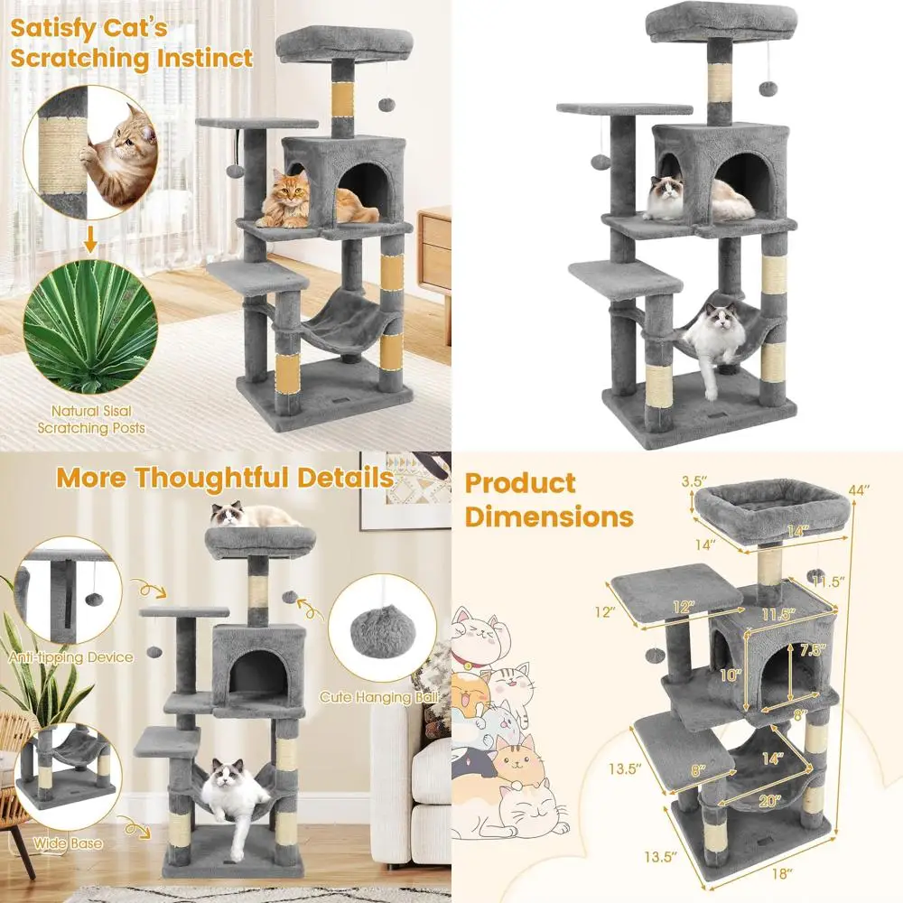 

44 Multi-Level Grey Cat Tree with Sisal Posts, Double Condo, Hammock, Balls, and Top Perch for Indoor Play and Rest